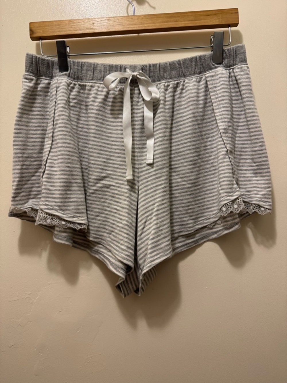 SLEEP by Cacique Women's Striped Gray Lounge Shorts with Lace Accents